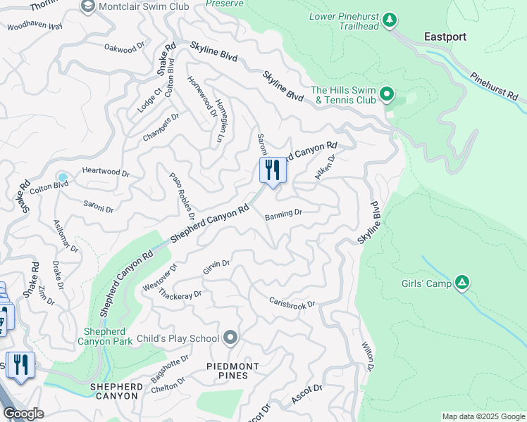map of restaurants, bars, coffee shops, grocery stores, and more near 6635 Banning Drive in Oakland