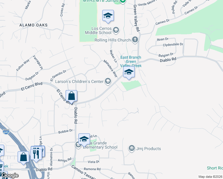 map of restaurants, bars, coffee shops, grocery stores, and more near 116 Santiago Drive in Danville