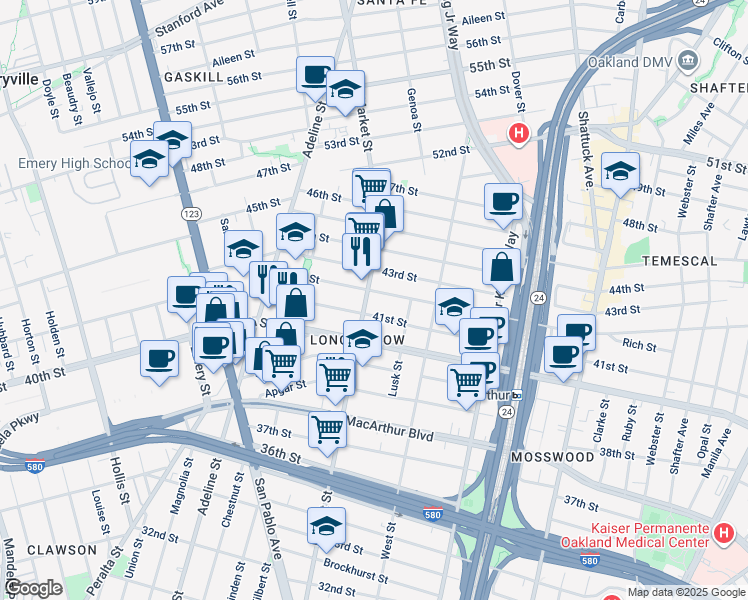 map of restaurants, bars, coffee shops, grocery stores, and more near in Oakland
