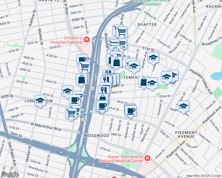 map of restaurants, bars, coffee shops, grocery stores, and more near 4390 Telegraph Avenue in Oakland