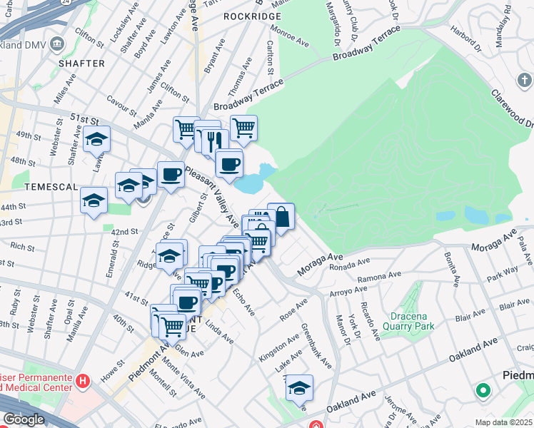 map of restaurants, bars, coffee shops, grocery stores, and more near 4440 Howe Street in Oakland