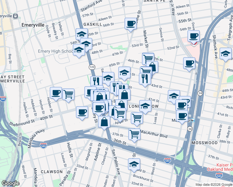 map of restaurants, bars, coffee shops, grocery stores, and more near 1007 41st Street in Oakland
