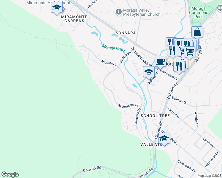 map of restaurants, bars, coffee shops, grocery stores, and more near 1825 Saint Andrews Drive in Moraga