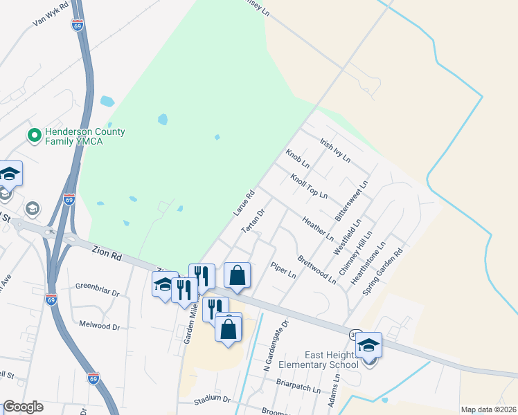 map of restaurants, bars, coffee shops, grocery stores, and more near 350 Tartan Dr in Henderson
