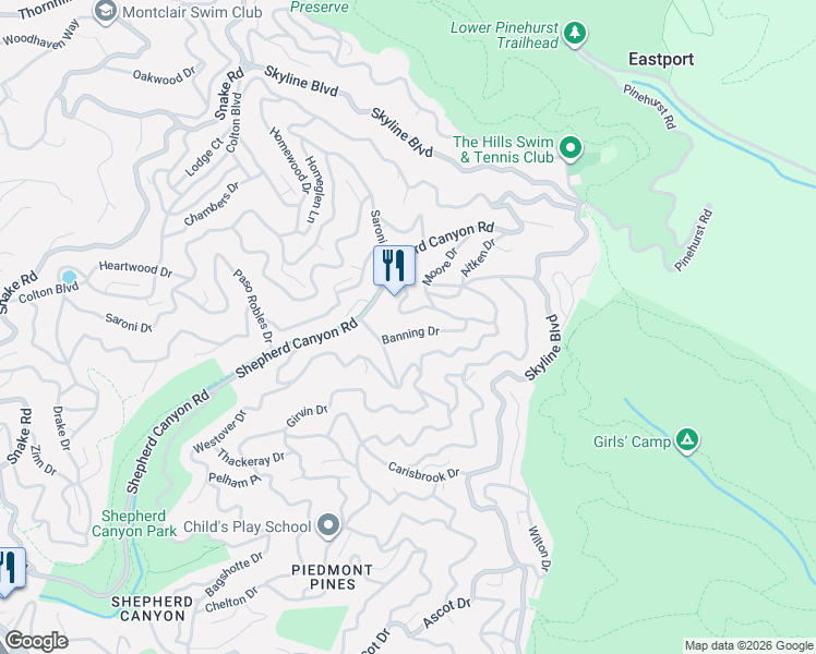 map of restaurants, bars, coffee shops, grocery stores, and more near 6684 Banning Drive in Oakland