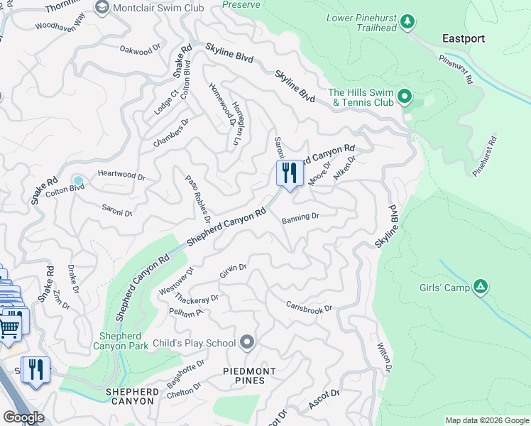 map of restaurants, bars, coffee shops, grocery stores, and more near 6371 Doran Drive in Oakland