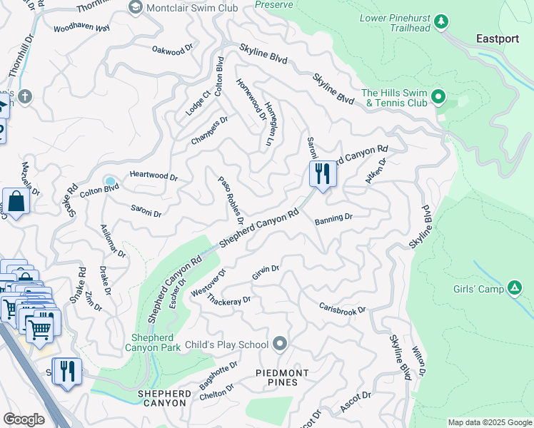 map of restaurants, bars, coffee shops, grocery stores, and more near 7220 Woodrow Drive in Oakland