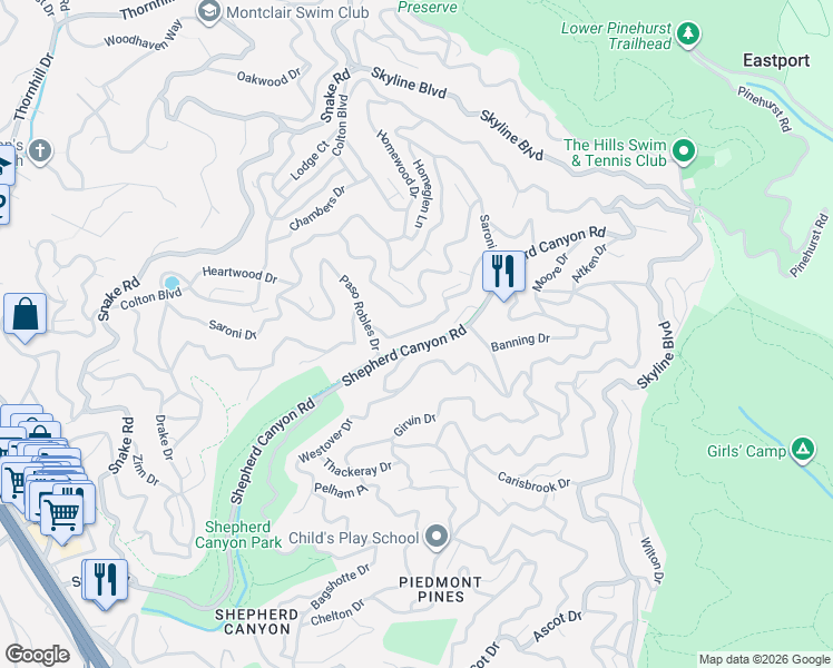 map of restaurants, bars, coffee shops, grocery stores, and more near 6455 Shelterwood Drive in Oakland