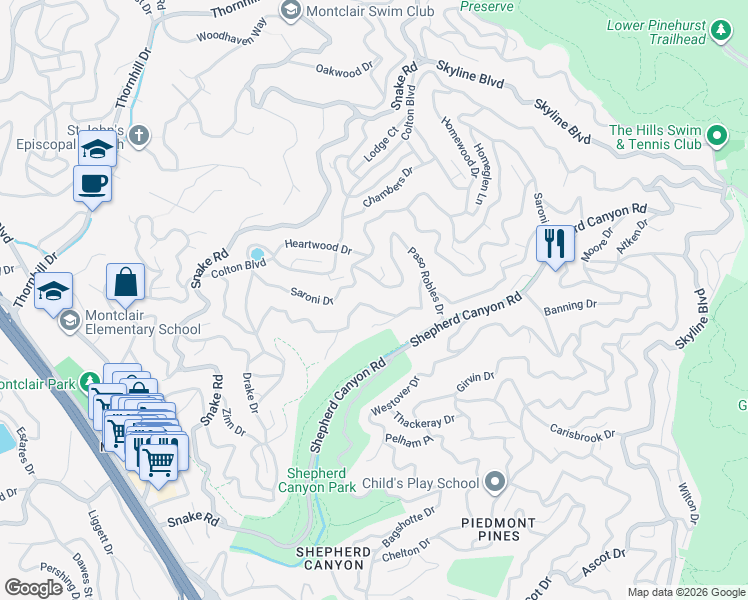 map of restaurants, bars, coffee shops, grocery stores, and more near 5942 Balboa Drive in Oakland