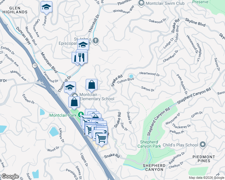 map of restaurants, bars, coffee shops, grocery stores, and more near 6215 Snake Road in Oakland