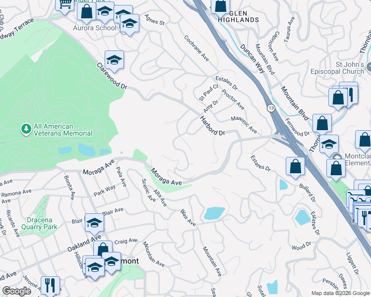 map of restaurants, bars, coffee shops, grocery stores, and more near 110 Maxwelton Road in Piedmont