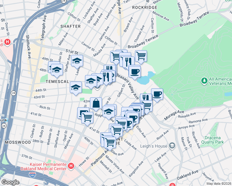 map of restaurants, bars, coffee shops, grocery stores, and more near 4312 Gilbert Street in Oakland