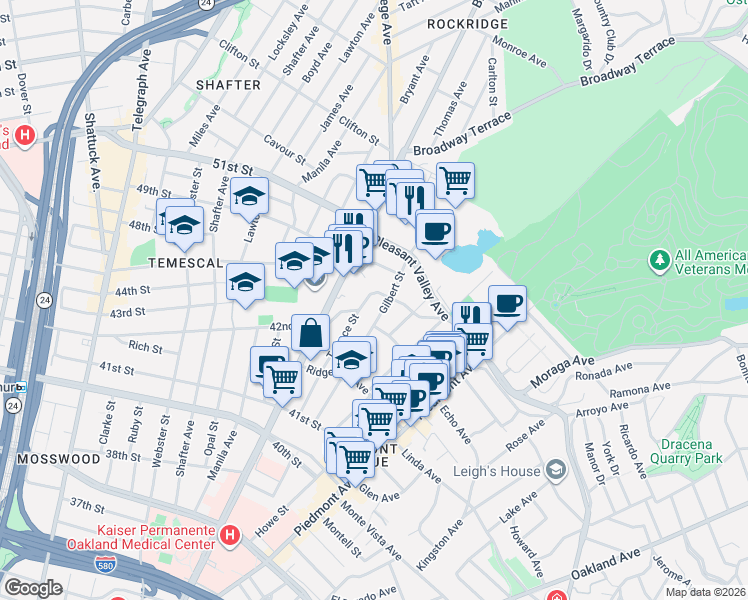 map of restaurants, bars, coffee shops, grocery stores, and more near 4312 Gilbert Street in Oakland