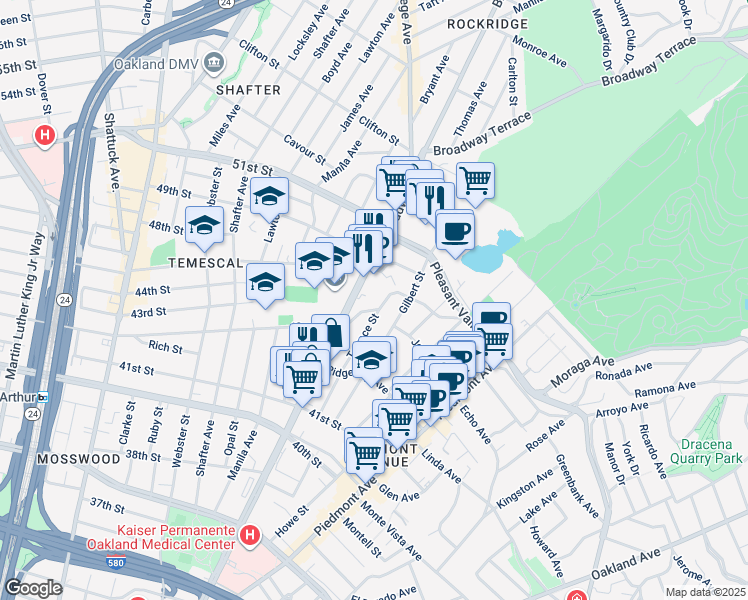 map of restaurants, bars, coffee shops, grocery stores, and more near 287 Mather Street in Oakland