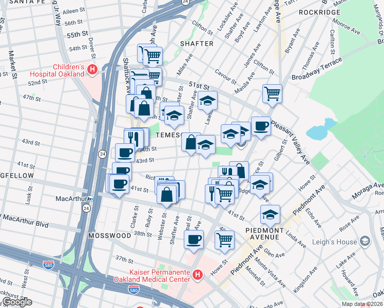 map of restaurants, bars, coffee shops, grocery stores, and more near 4222 Shafter Avenue in Oakland