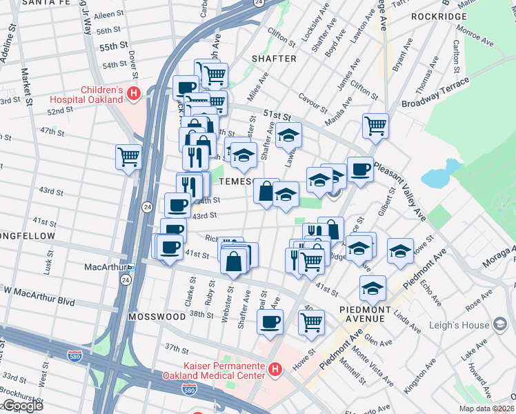 map of restaurants, bars, coffee shops, grocery stores, and more near 4222 Shafter Avenue in Oakland
