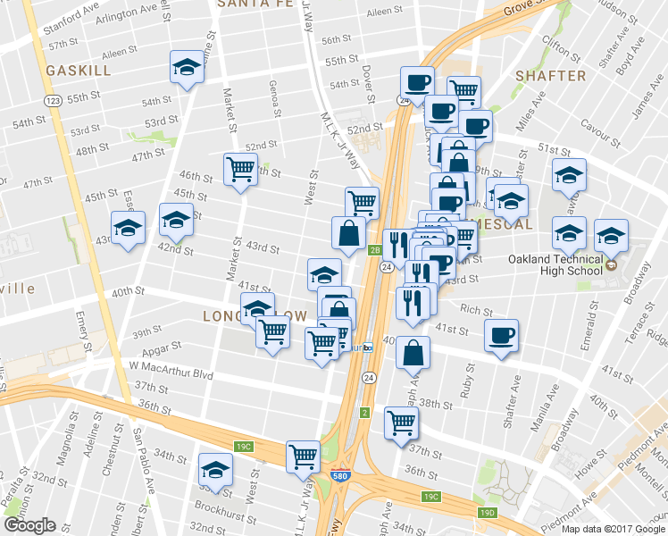 map of restaurants, bars, coffee shops, grocery stores, and more near in Oakland