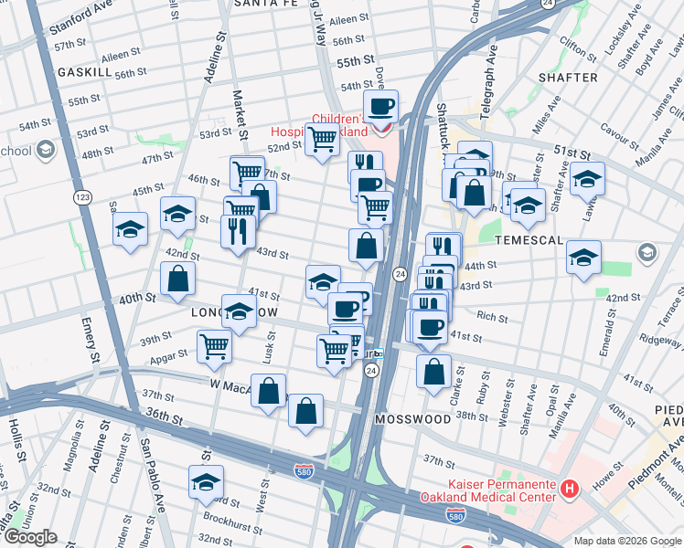 map of restaurants, bars, coffee shops, grocery stores, and more near 675 42nd Street in Oakland