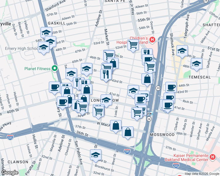 map of restaurants, bars, coffee shops, grocery stores, and more near 870 41st Street in Oakland