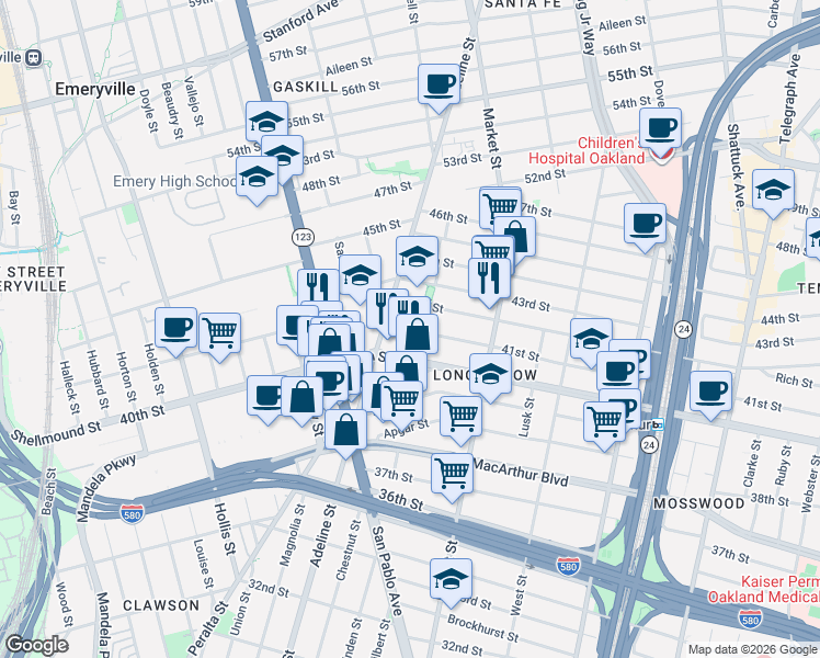 map of restaurants, bars, coffee shops, grocery stores, and more near 4055 Linden Street in Oakland