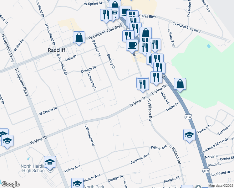 map of restaurants, bars, coffee shops, grocery stores, and more near 581 South Atcher Street in Radcliff