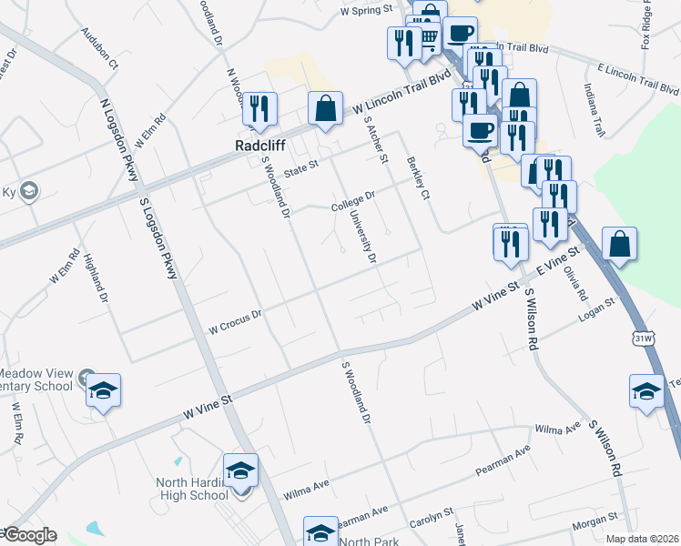 map of restaurants, bars, coffee shops, grocery stores, and more near 520-598 West Crocus Drive in Radcliff