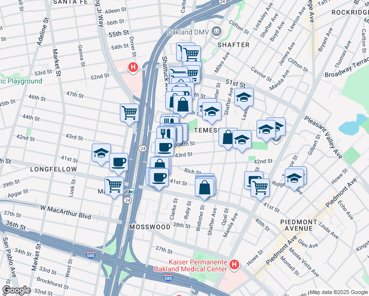 map of restaurants, bars, coffee shops, grocery stores, and more near in Oakland