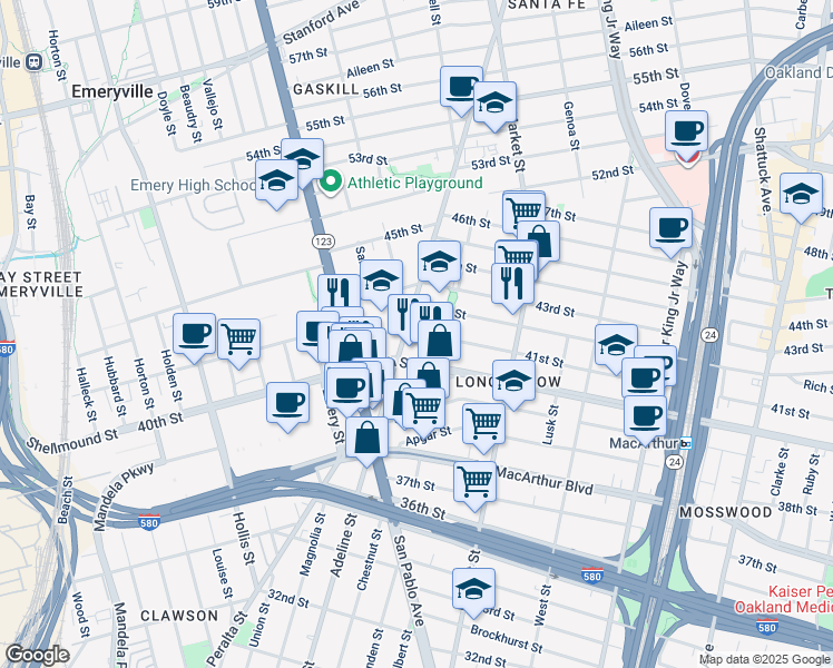 map of restaurants, bars, coffee shops, grocery stores, and more near 4055 Linden Street in Oakland