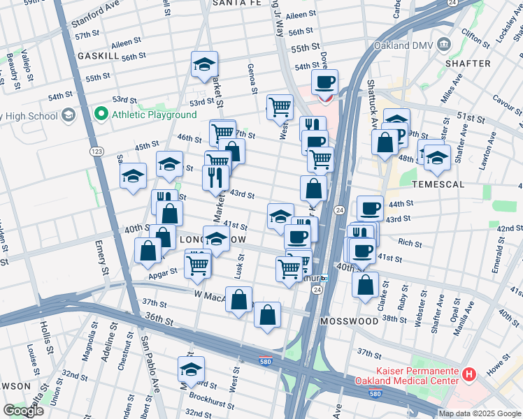 map of restaurants, bars, coffee shops, grocery stores, and more near 4201 West Street in Oakland