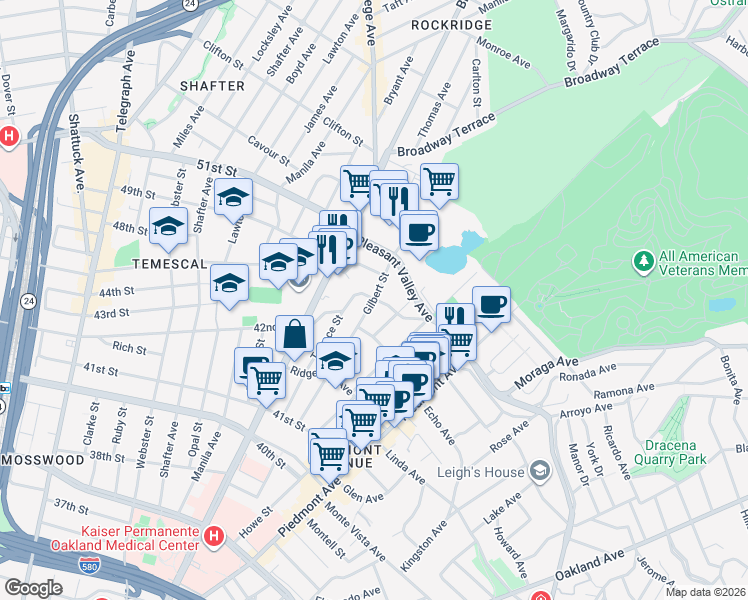 map of restaurants, bars, coffee shops, grocery stores, and more near Mather Street in Oakland