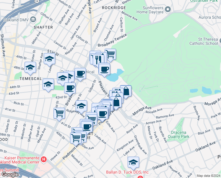 map of restaurants, bars, coffee shops, grocery stores, and more near 4421 Montgomery Street in Oakland