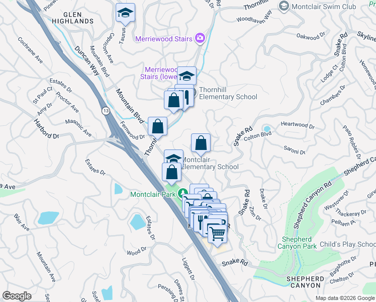 map of restaurants, bars, coffee shops, grocery stores, and more near 5733 Colton Boulevard in Oakland