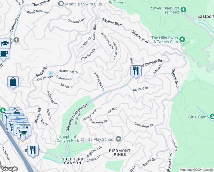map of restaurants, bars, coffee shops, grocery stores, and more near 7151 Woodrow Drive in Oakland