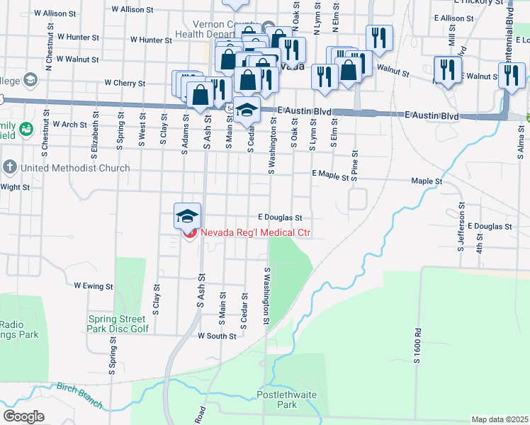 map of restaurants, bars, coffee shops, grocery stores, and more near 610 South Washington Street in Nevada