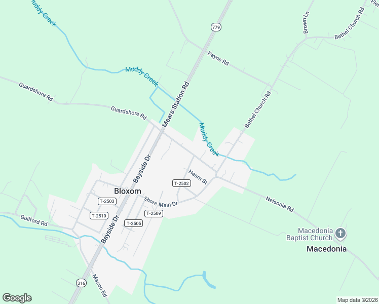 map of restaurants, bars, coffee shops, grocery stores, and more near 15194 Hinman Street in Bloxom