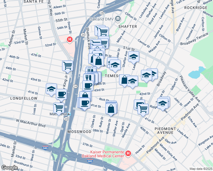 map of restaurants, bars, coffee shops, grocery stores, and more near in Oakland