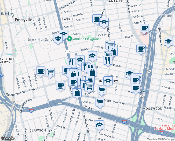 map of restaurants, bars, coffee shops, grocery stores, and more near 4055 Linden Street in Oakland