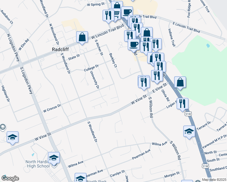 map of restaurants, bars, coffee shops, grocery stores, and more near 581 South Atcher Street in Radcliff