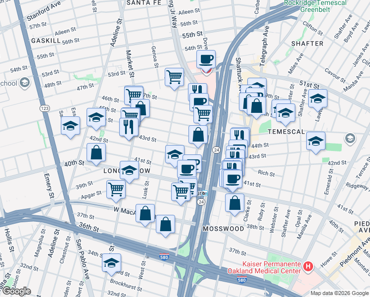 map of restaurants, bars, coffee shops, grocery stores, and more near 675 42nd Street in Oakland