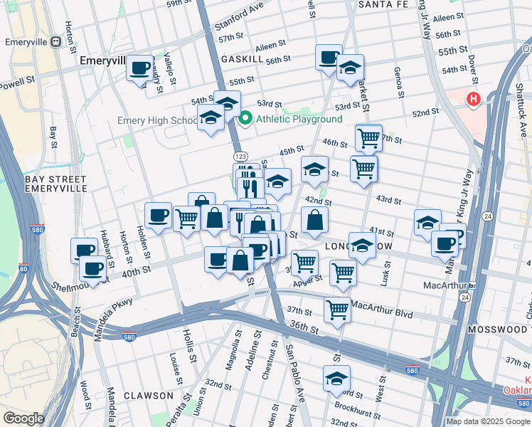 map of restaurants, bars, coffee shops, grocery stores, and more near in Emeryville