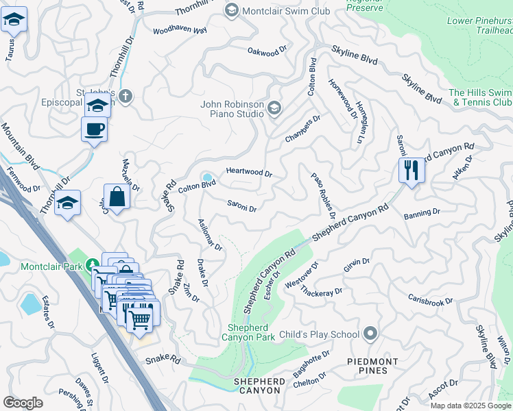 map of restaurants, bars, coffee shops, grocery stores, and more near 5851 Balboa Drive in Oakland