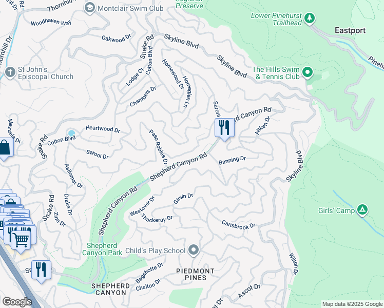 map of restaurants, bars, coffee shops, grocery stores, and more near 7250 Woodrow Drive in Oakland
