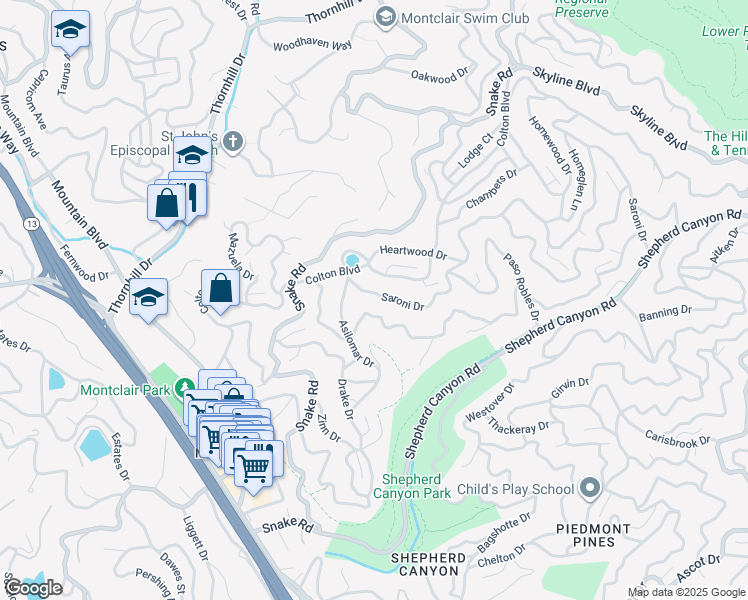 map of restaurants, bars, coffee shops, grocery stores, and more near in Piedmont
