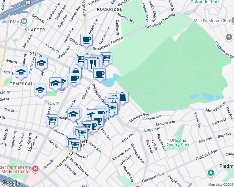 map of restaurants, bars, coffee shops, grocery stores, and more near 4514 Montgomery Street in Oakland