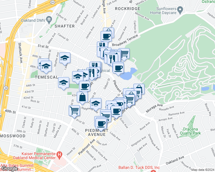 map of restaurants, bars, coffee shops, grocery stores, and more near 4421 Gilbert Street in Oakland