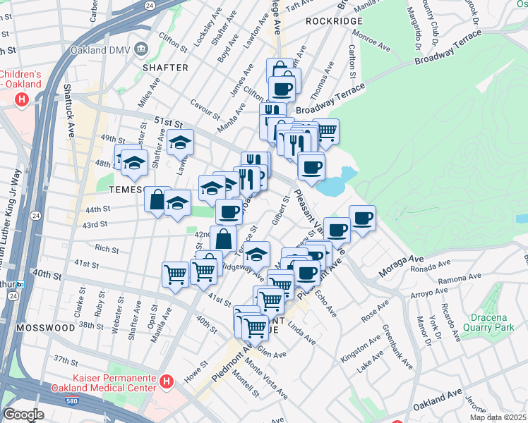 map of restaurants, bars, coffee shops, grocery stores, and more near in Oakland