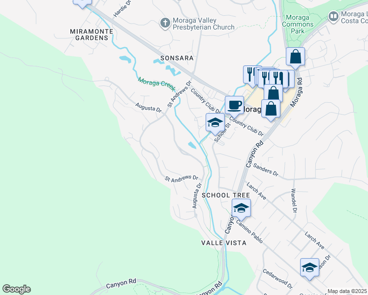 map of restaurants, bars, coffee shops, grocery stores, and more near 753 Augusta Drive in Moraga
