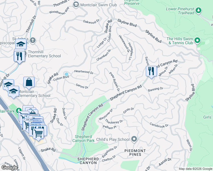 map of restaurants, bars, coffee shops, grocery stores, and more near 10 Southwood Court in Oakland