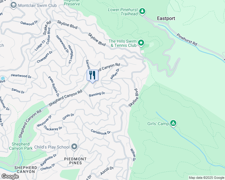 map of restaurants, bars, coffee shops, grocery stores, and more near 6696 Moore Drive in Oakland
