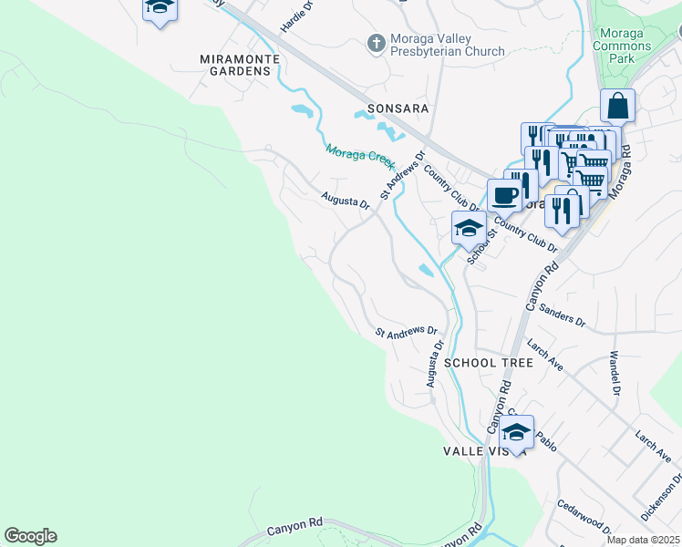 map of restaurants, bars, coffee shops, grocery stores, and more near 1807 Saint Andrews Drive in Moraga